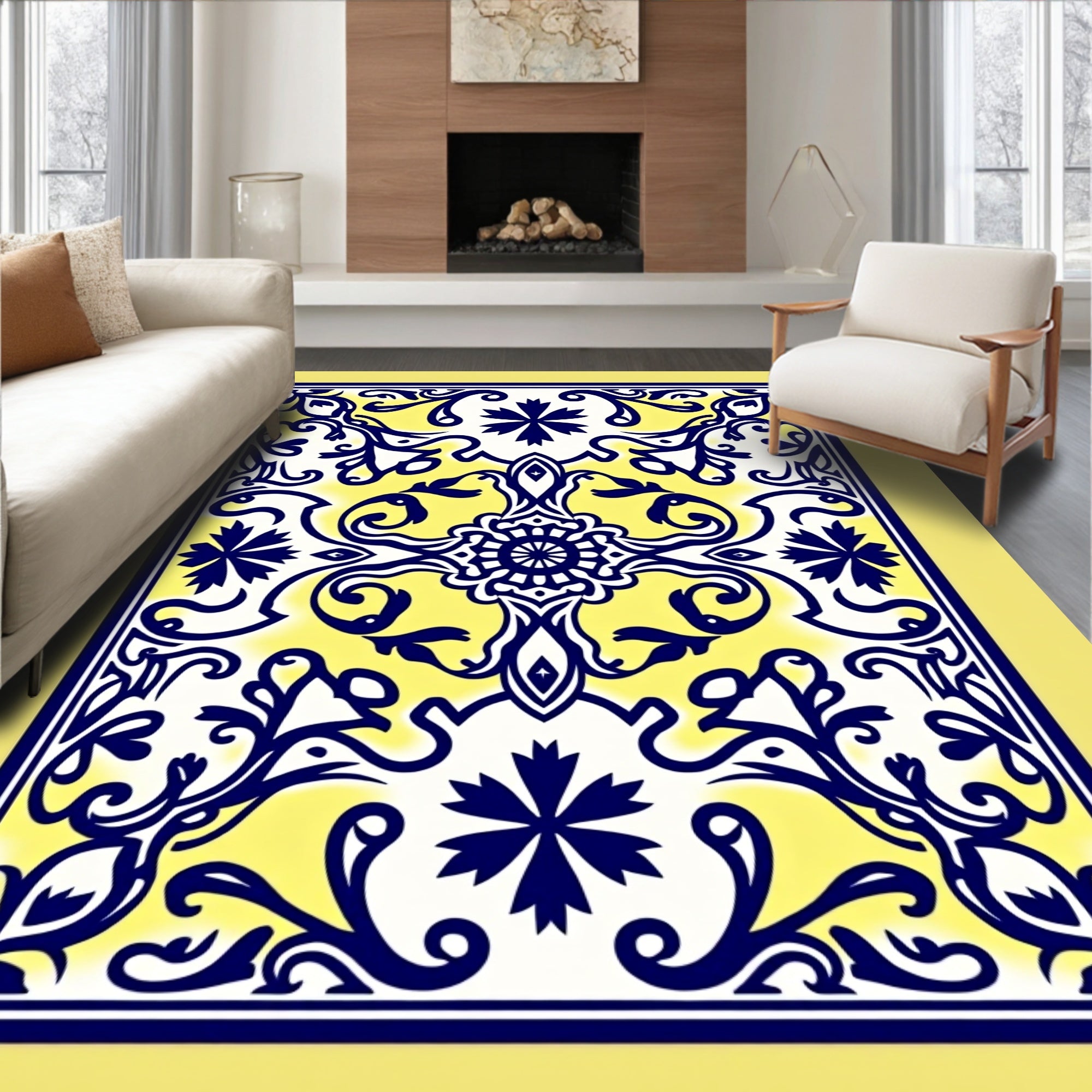 Ornate Blue Yellow Floral Patterned Rug