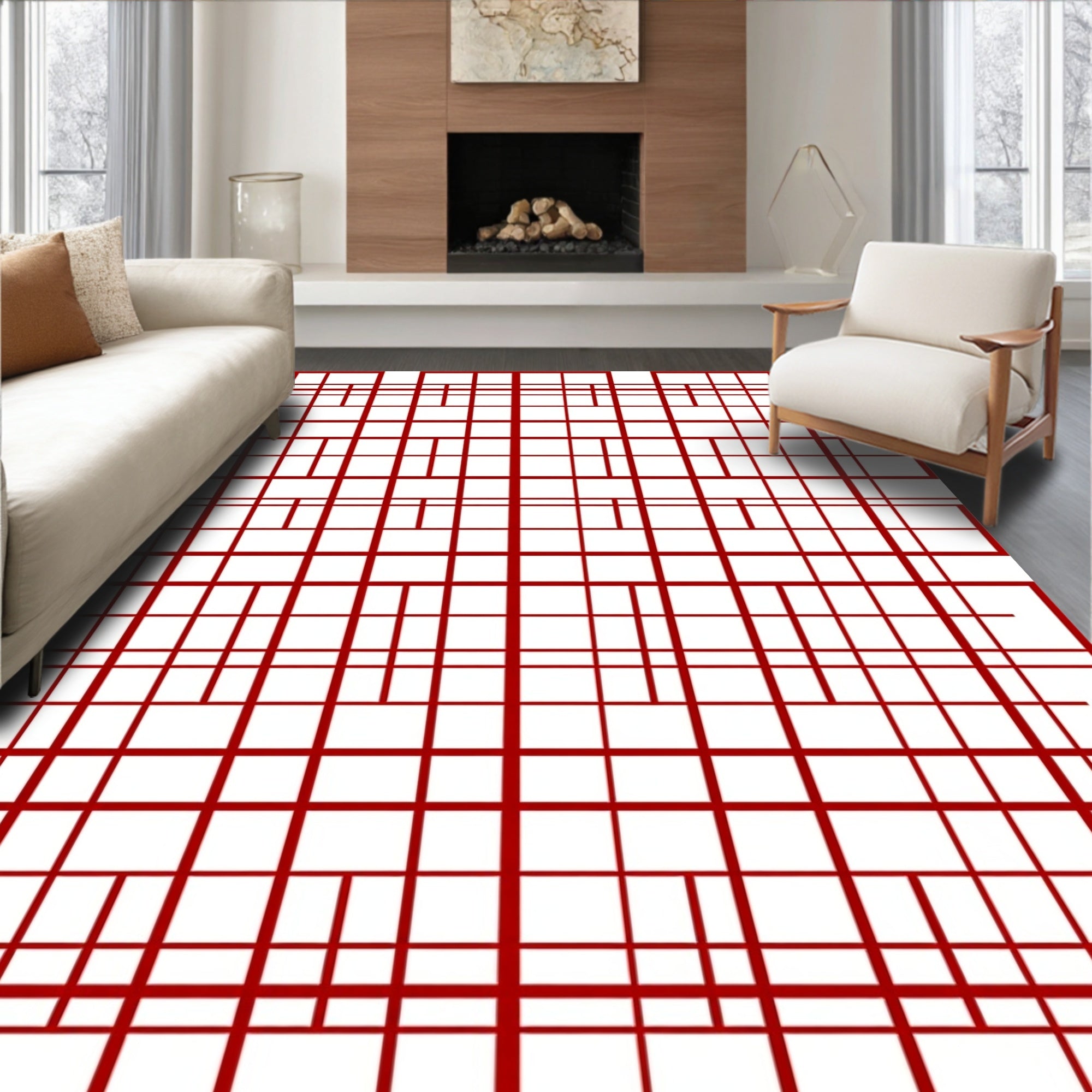 Red Abstract Geometric Stripe Design Rug
