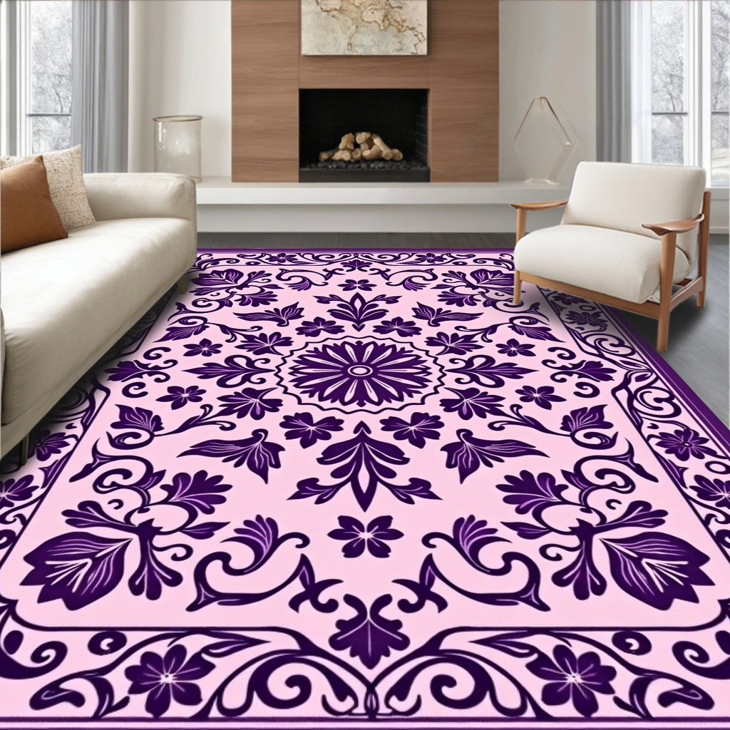 Ornate Violet Pink Floral Design Rug