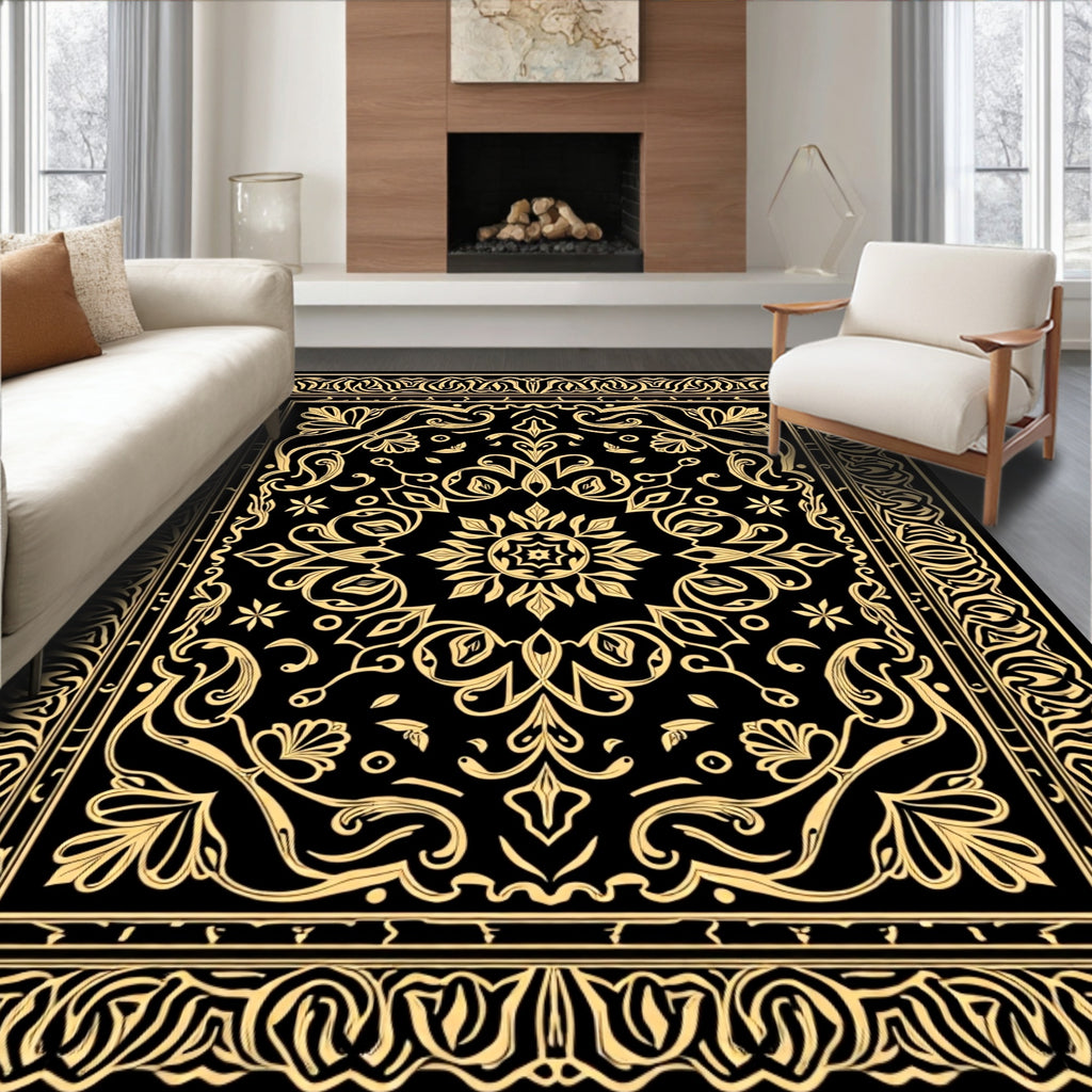 Elegant Gold Floral Scroll Pattern Rug
