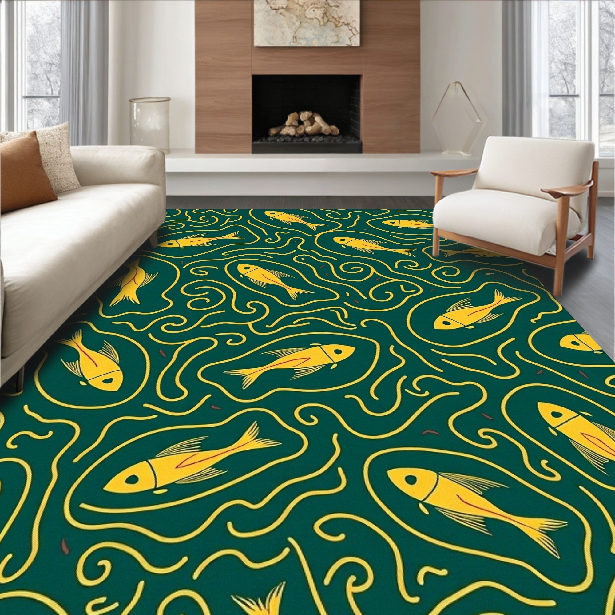 Yellow Fish Amidst Swirling Lines Design Rug