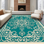 Ornate Teal Mandala Floral Design Rug