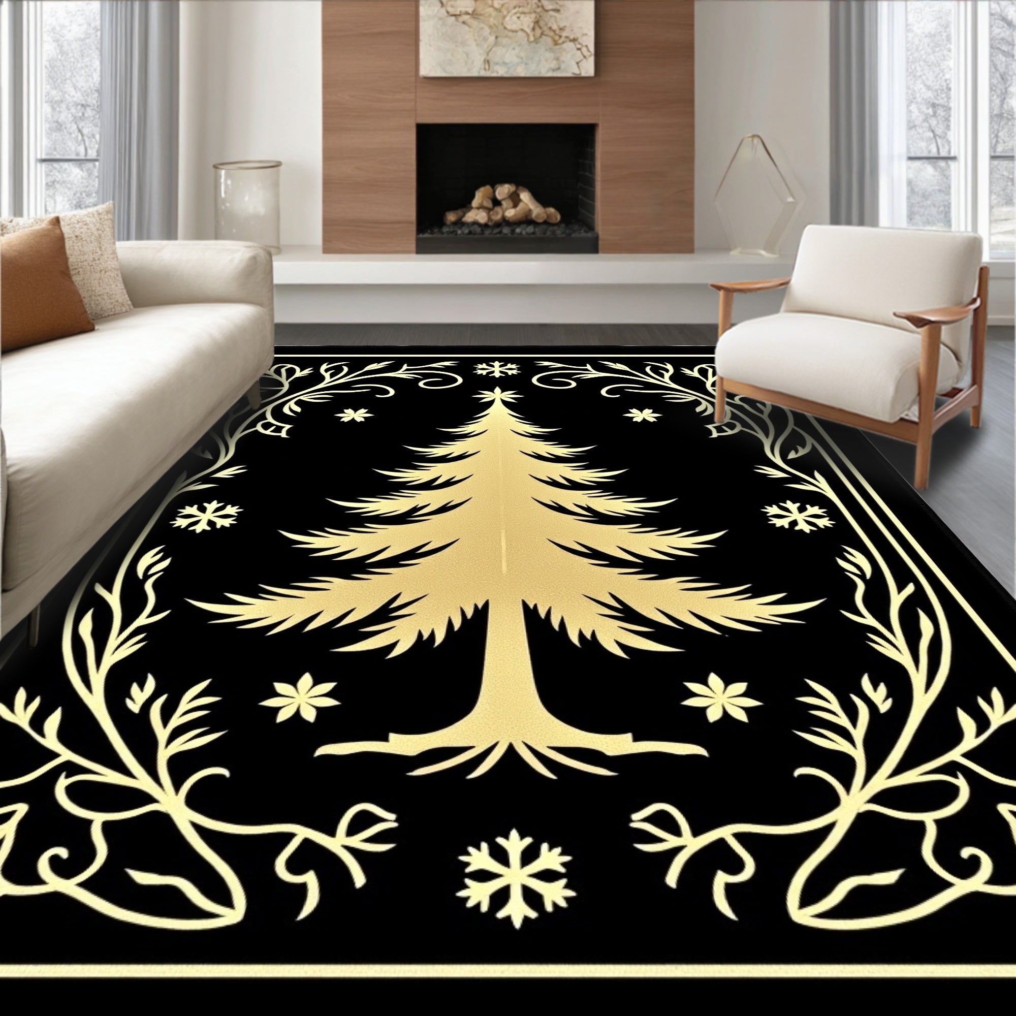 Black Gold Christmas Tree Snowflakes Border Rug