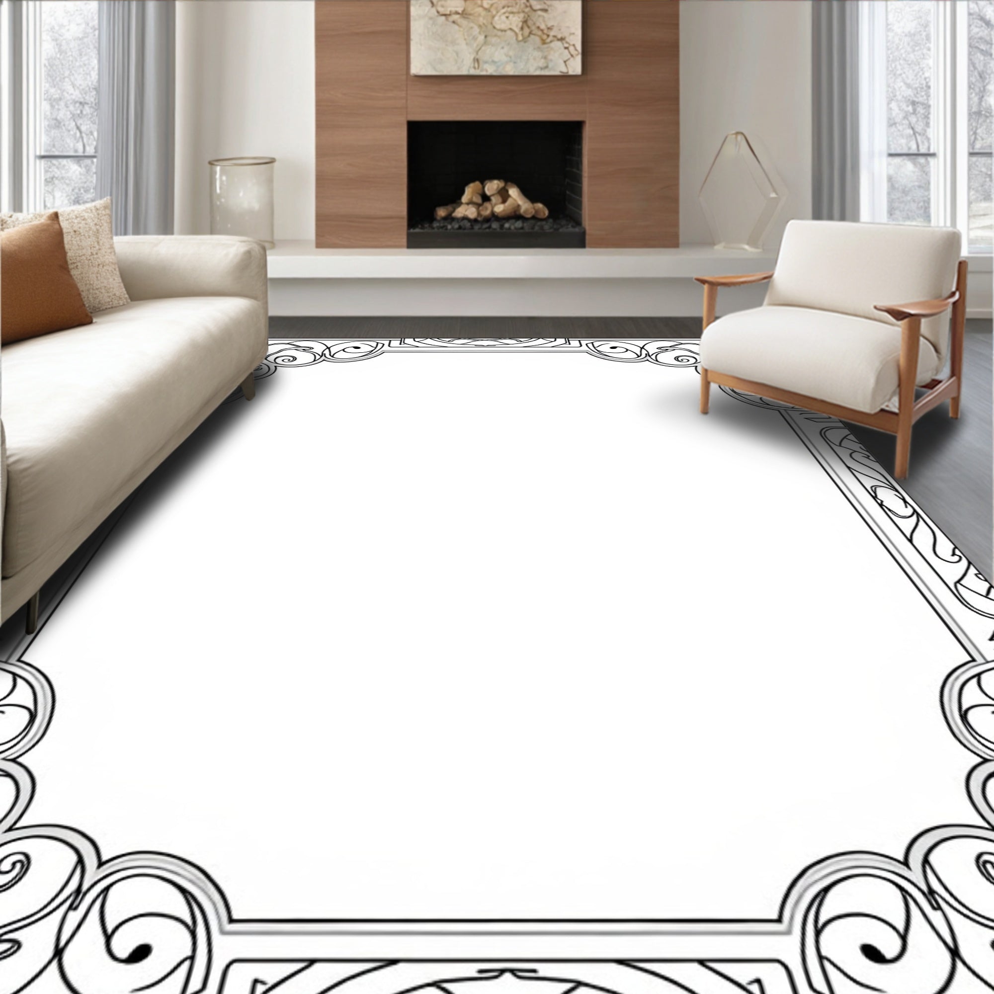 Art Deco Black White Scroll Border Rug