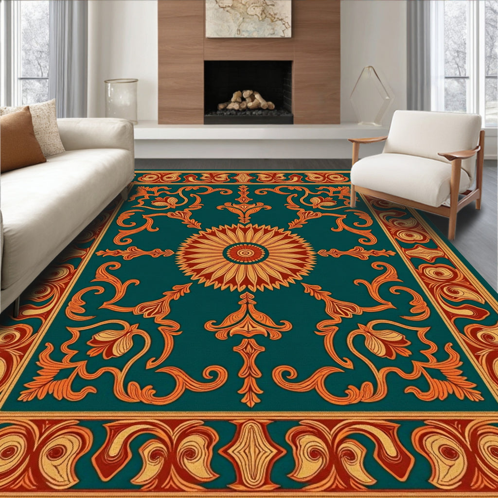 Ornate Floral Scrollwork Teal Rug