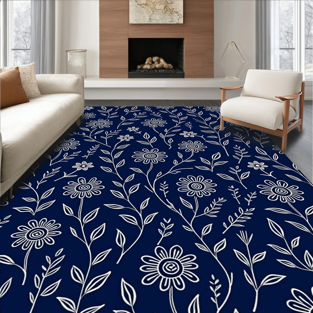Delicate White Floral Vine Pattern Rug