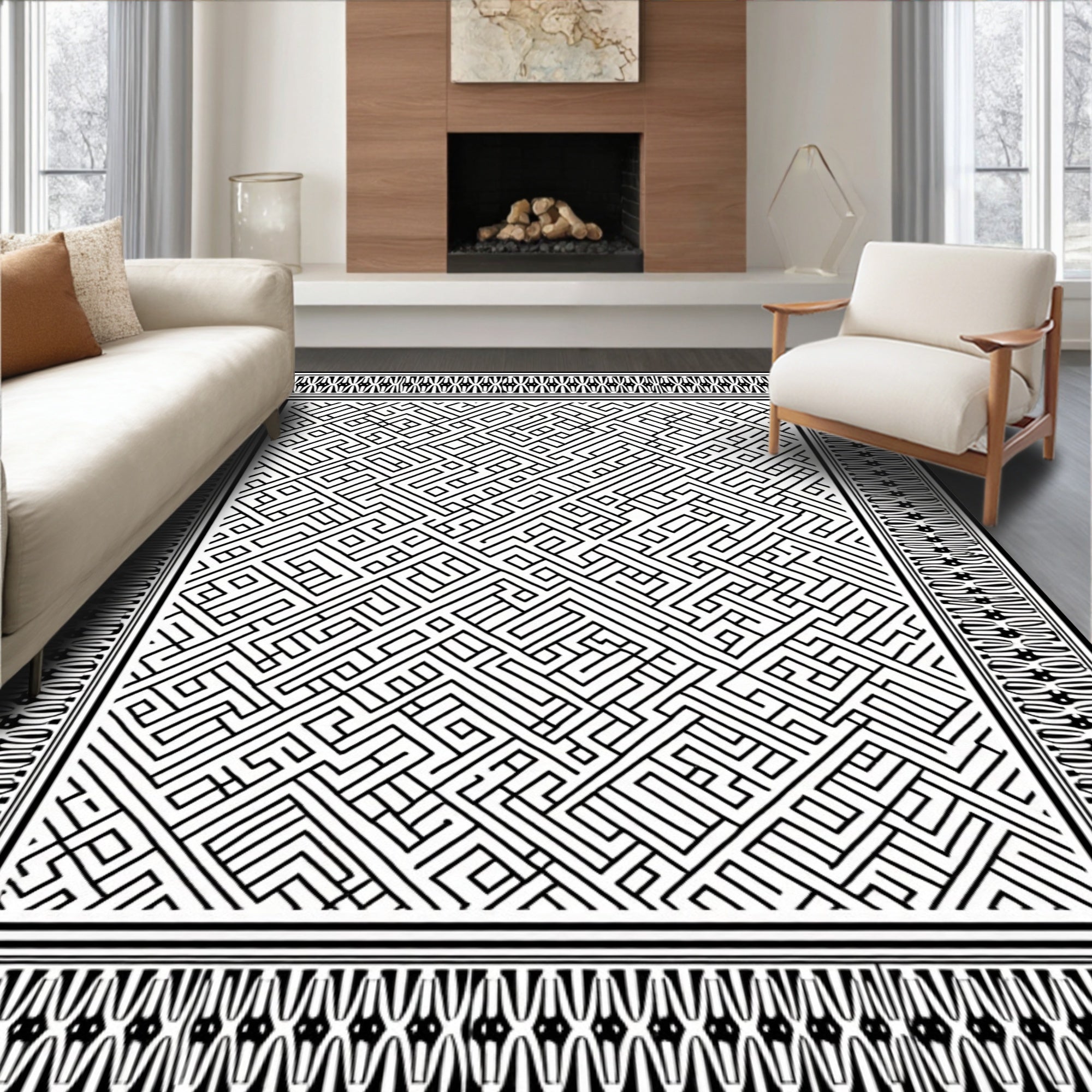 Intricate Maze Bordered Pattern Rug