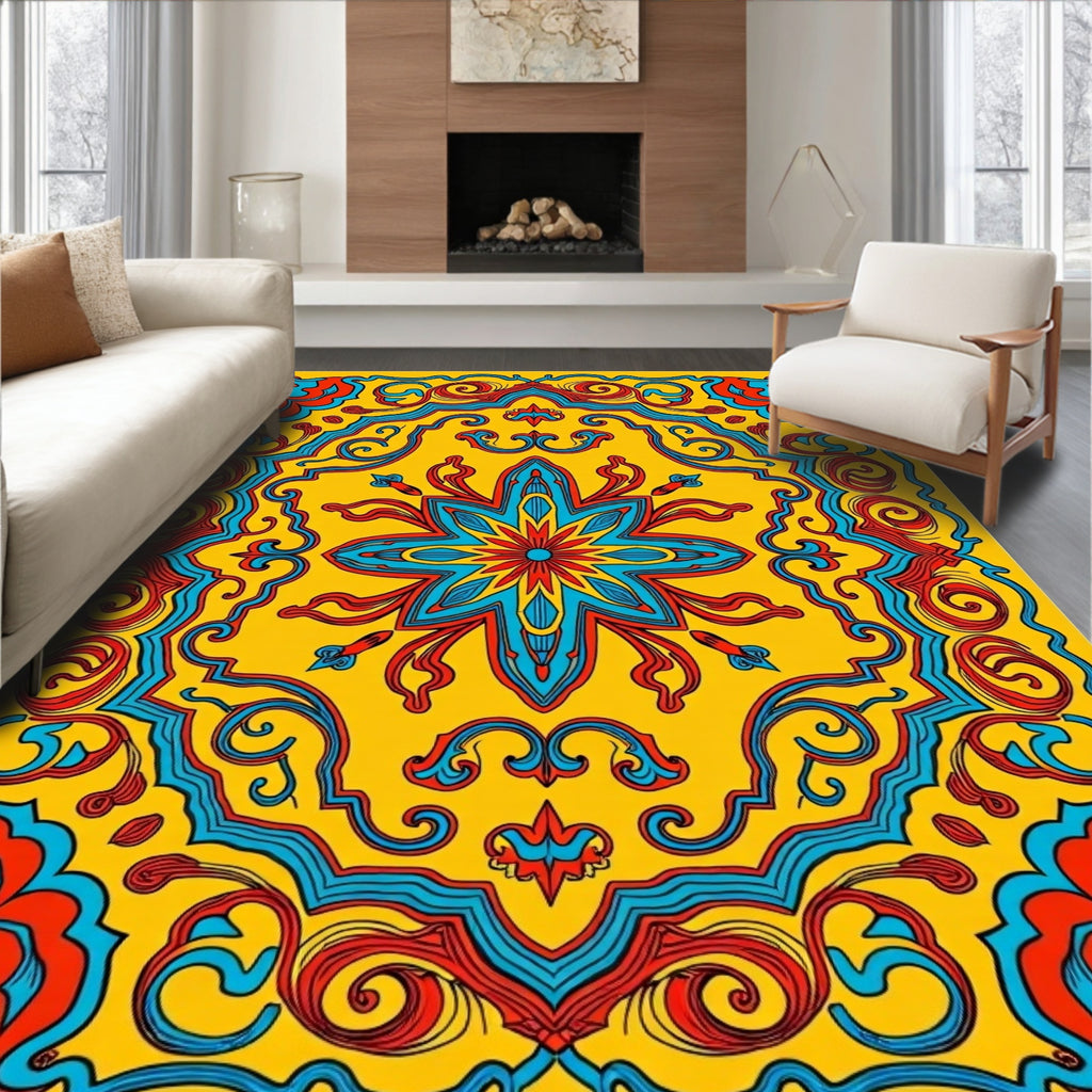 Sunny Yellow Red Blue Floral Pattern Rug