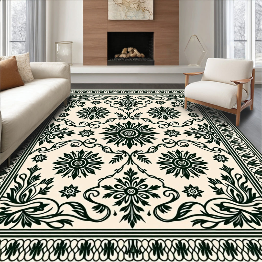 Classic Black Floral Scrollwork Pattern Rug