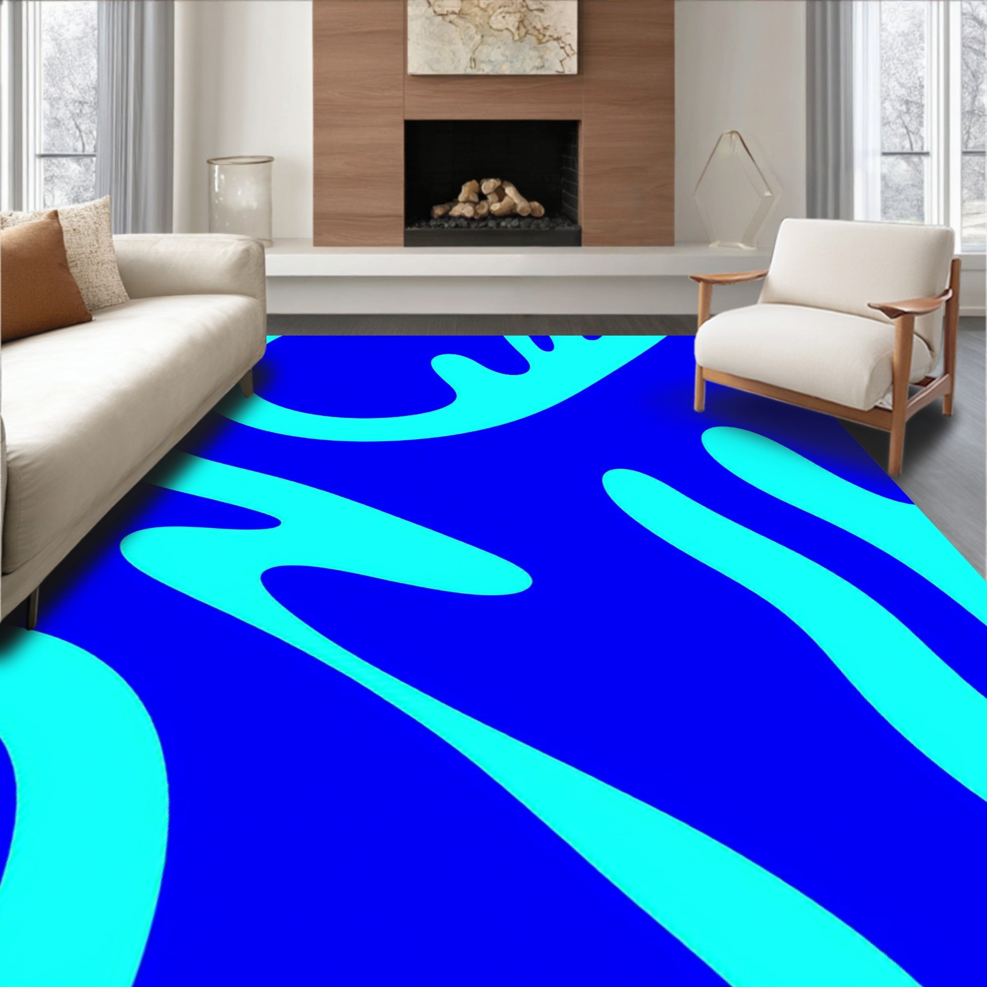 Bold Blue Curving Organic Pattern Rug