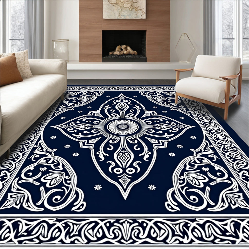 Ornate Floral Scrollwork Indigo Rug