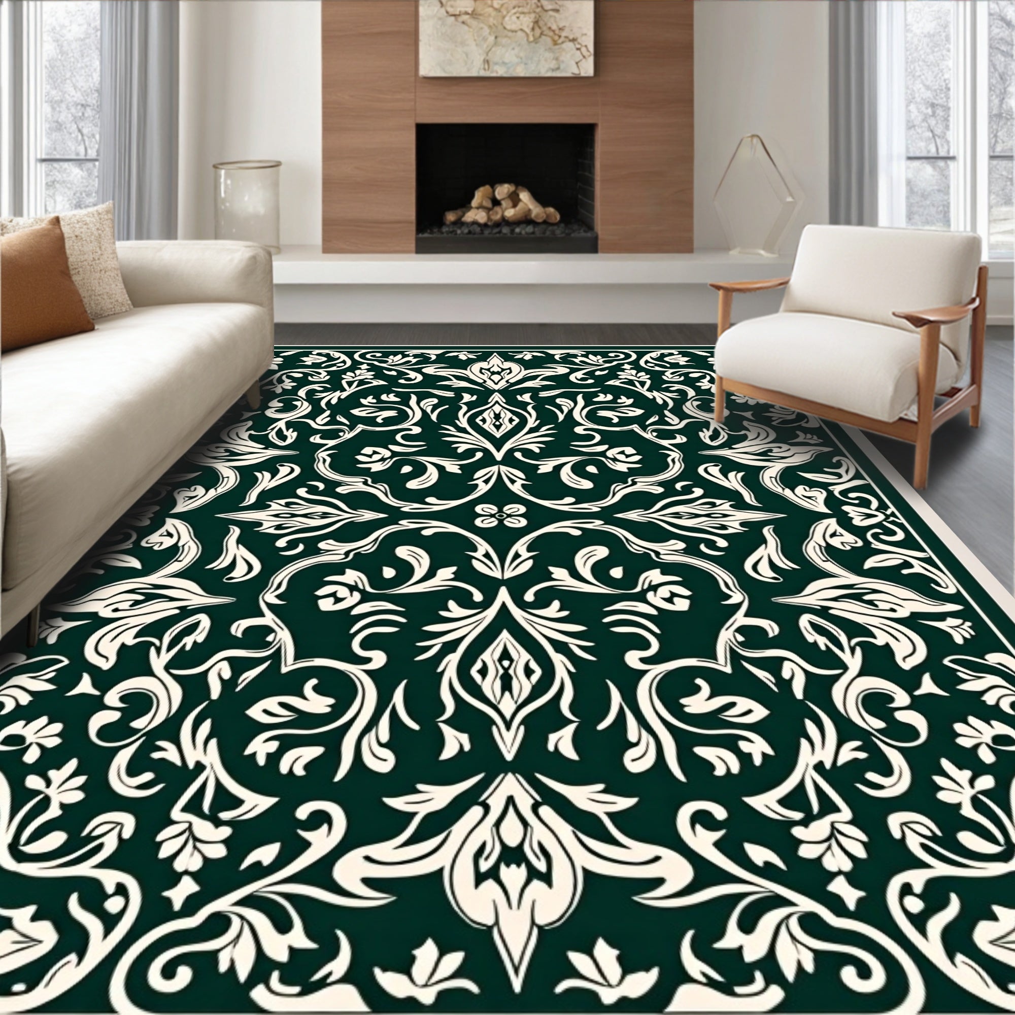 Dark Cream Floral Vine Pattern Rug