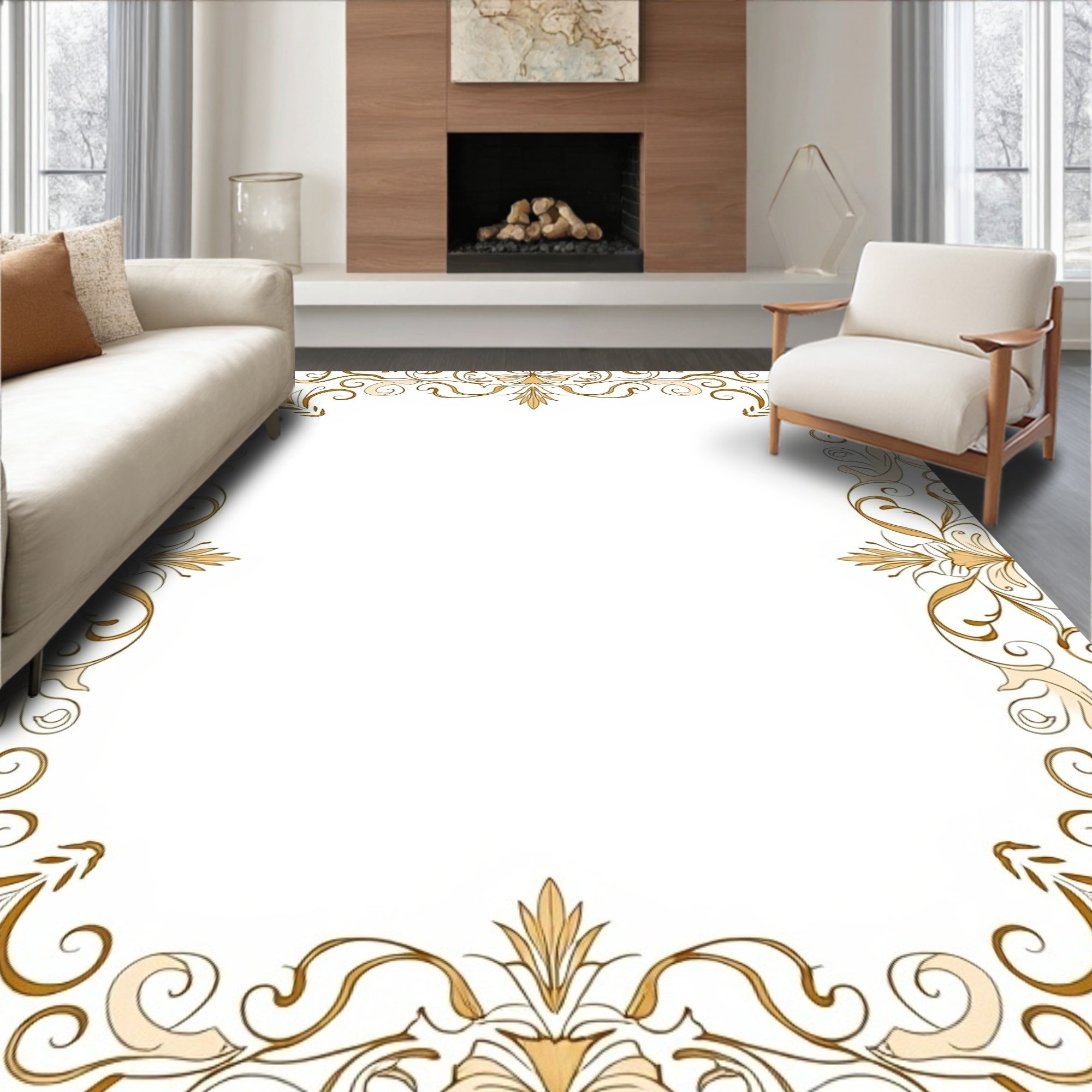 Elegant Gold Swirl Floral Pattern Rug