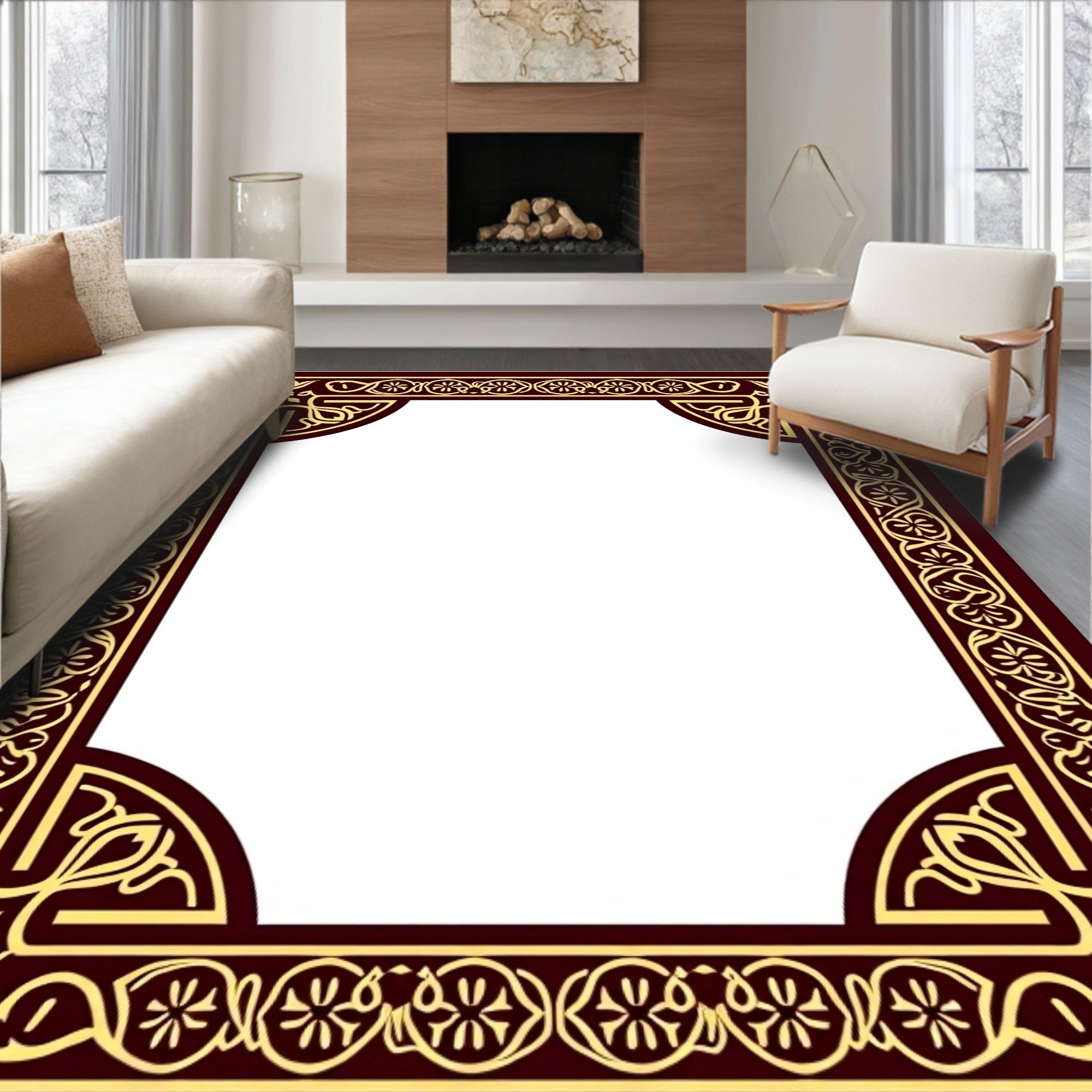 Elegant Marroon Gold Floral Border Rug