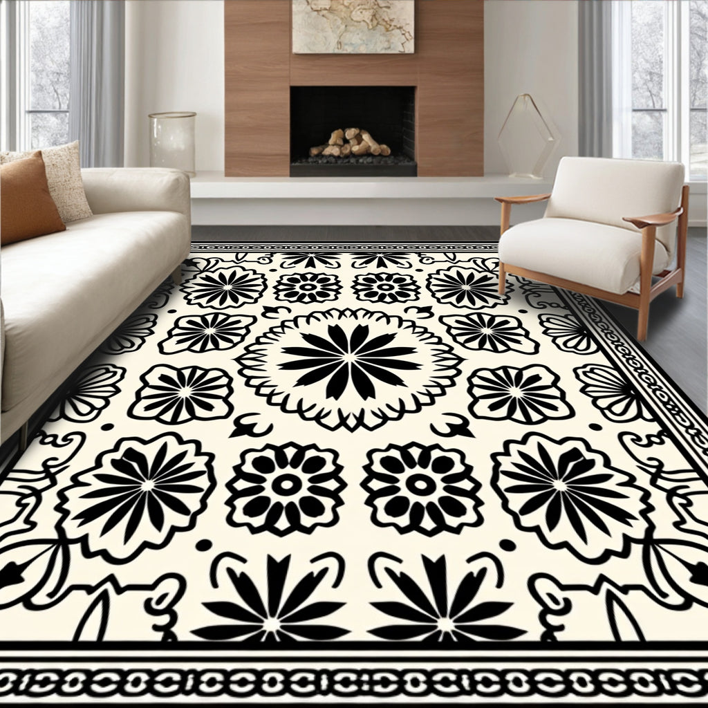 Black White Floral Patterned Rug