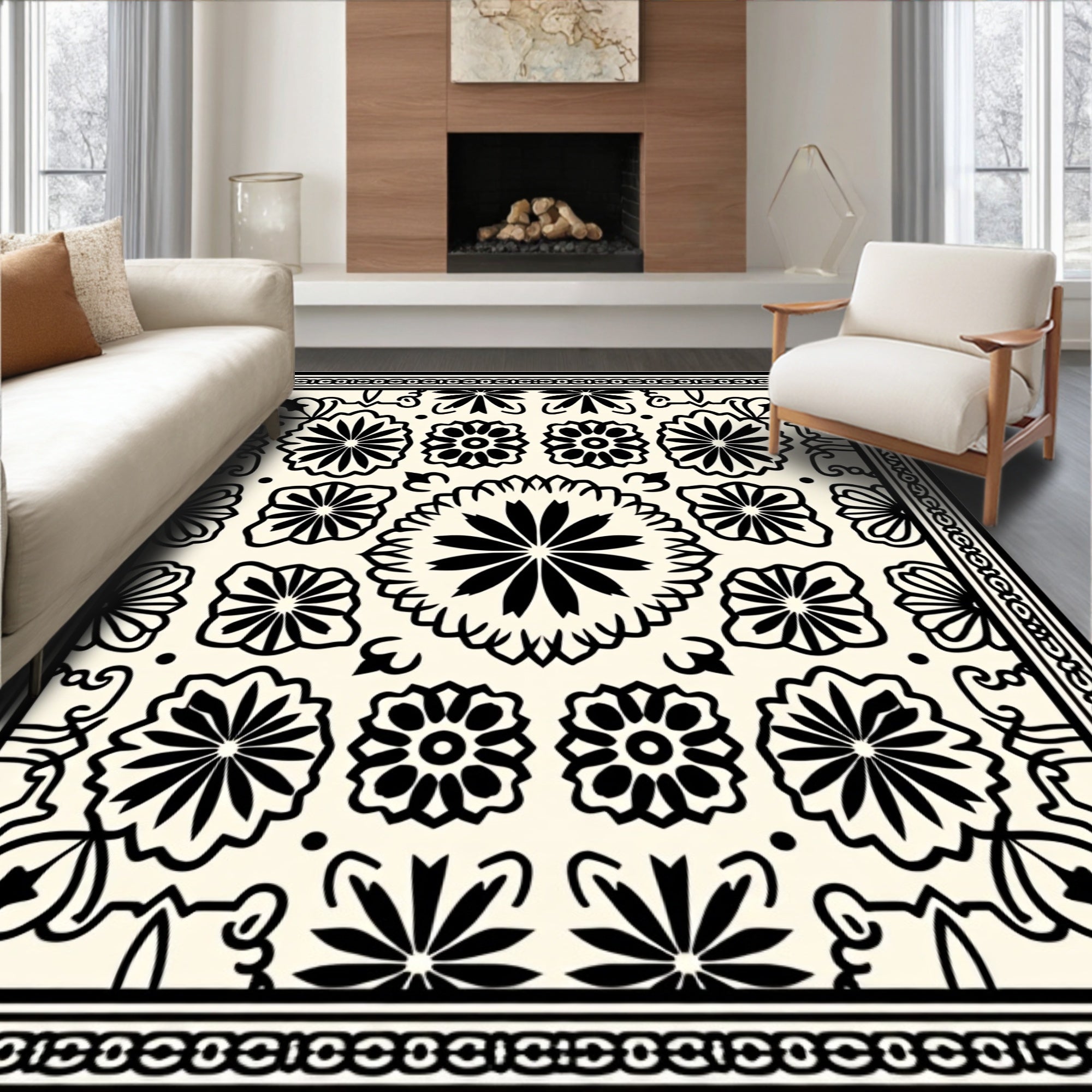 Black White Floral Patterned Rug