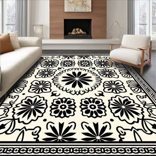 Black White Floral Patterned Rug