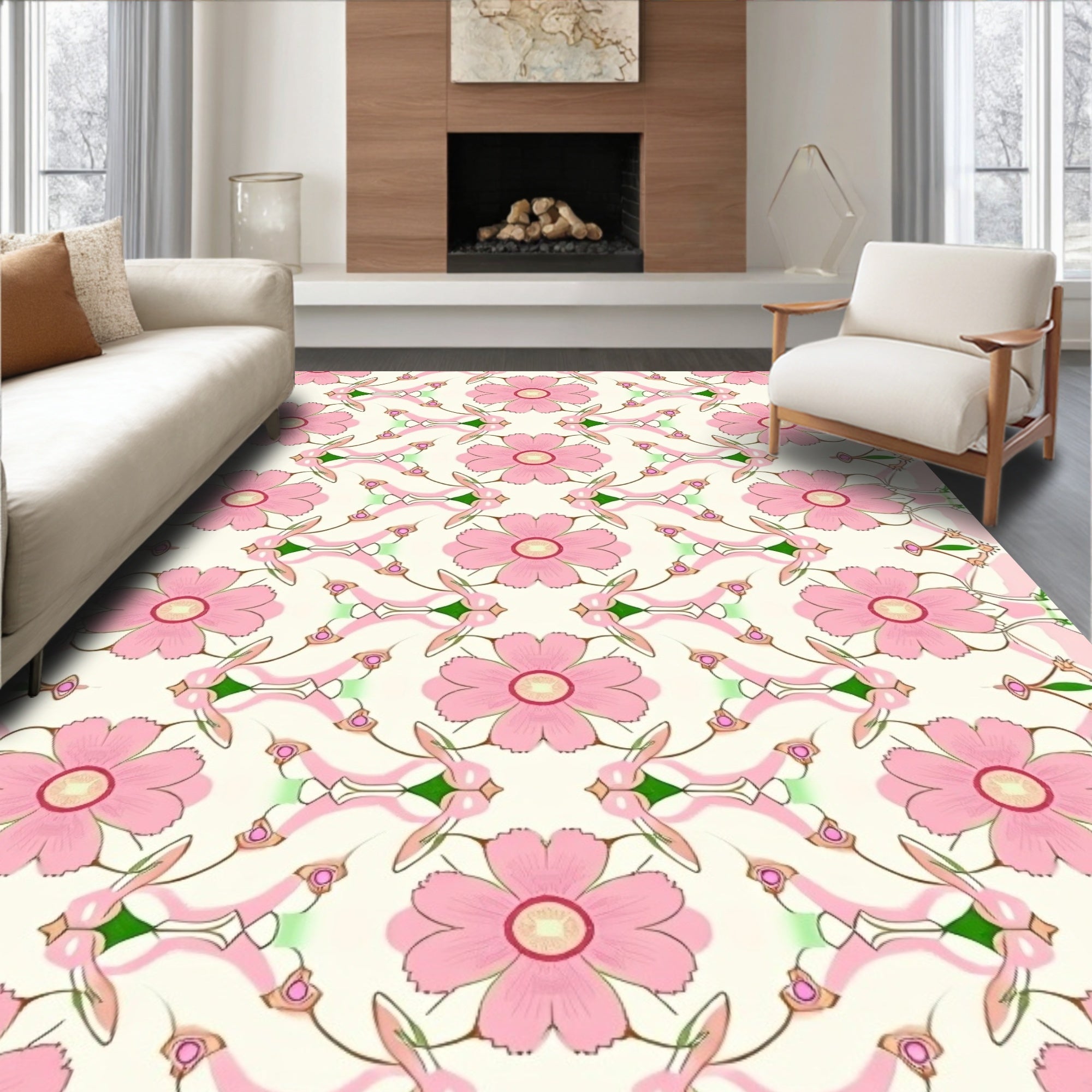 Elegant Pink Floral Botanical Pattern Rug