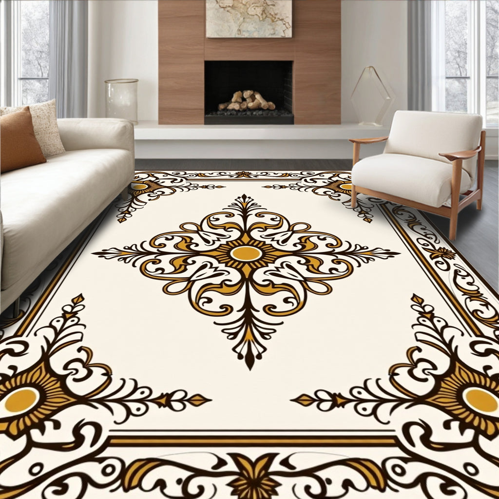 Cream and Gold Ornate Scroll Pattern Rug
