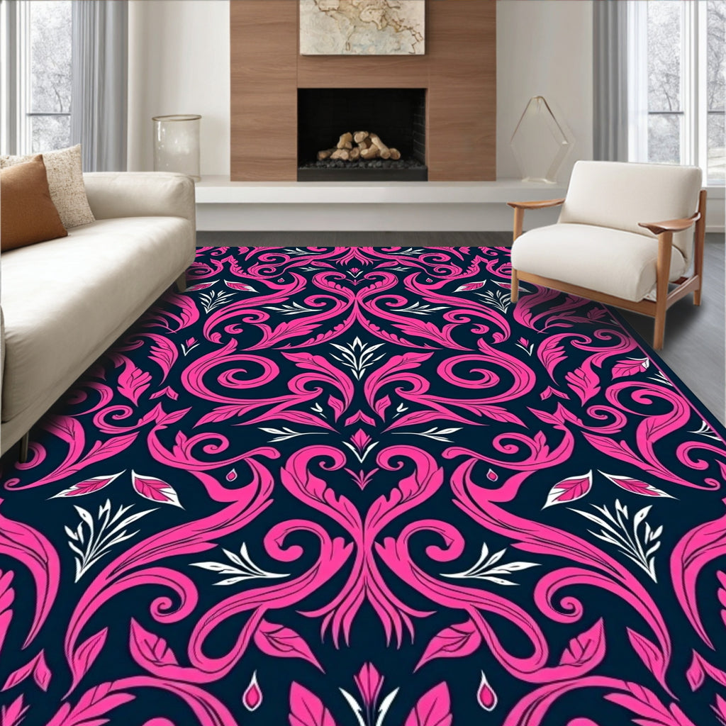 Elegant Pink Floral Swirl Design Rug