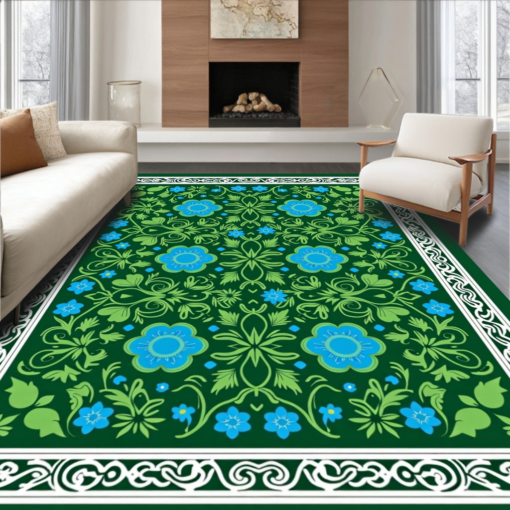 Embroidered Blue Floral Green Garden Rug