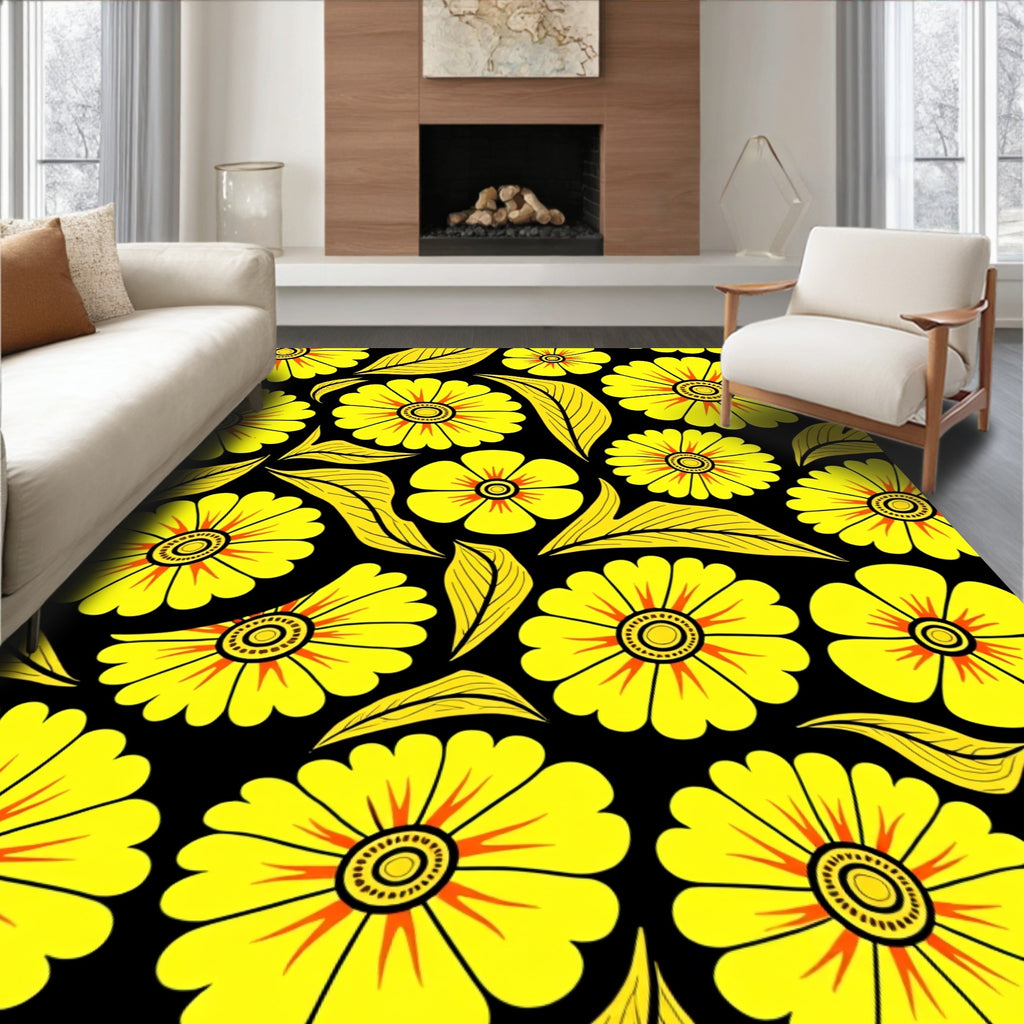 Yellow Flower Pattern Tile Design Rug