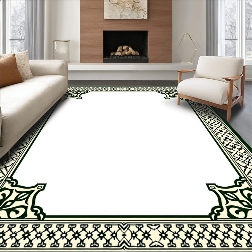 Ornate Green Ivory Geometric Pattern Rug