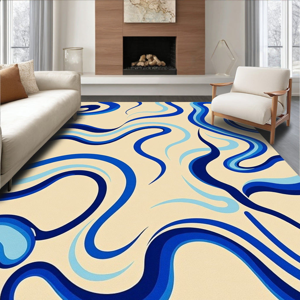 Azure Flowing Swirl Pattern Rug