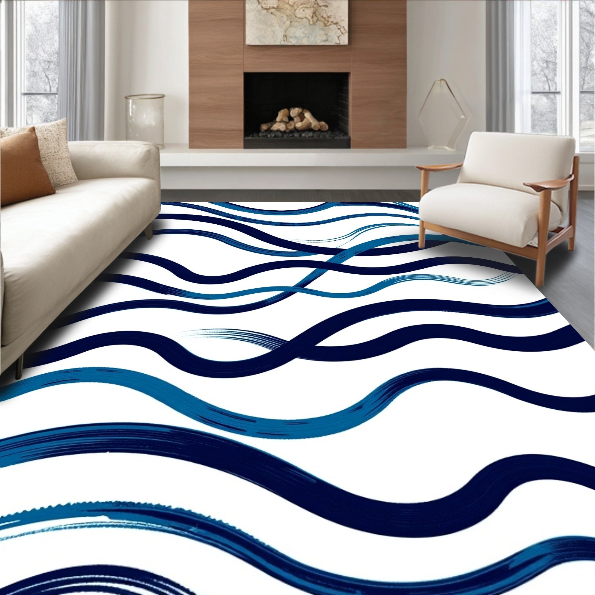 Navy and Teal Brushstroke Waves Pattern Rug
