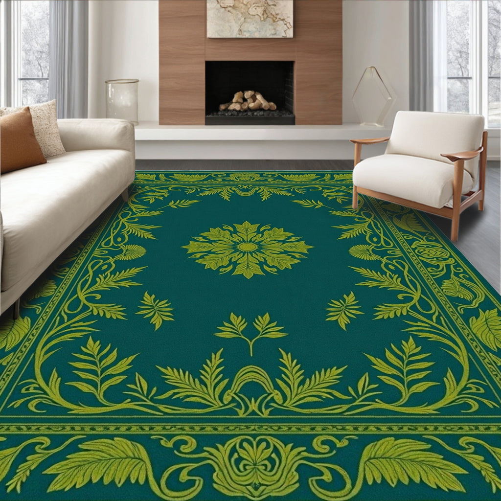 Elegant Teal Gold Floral Border Rug