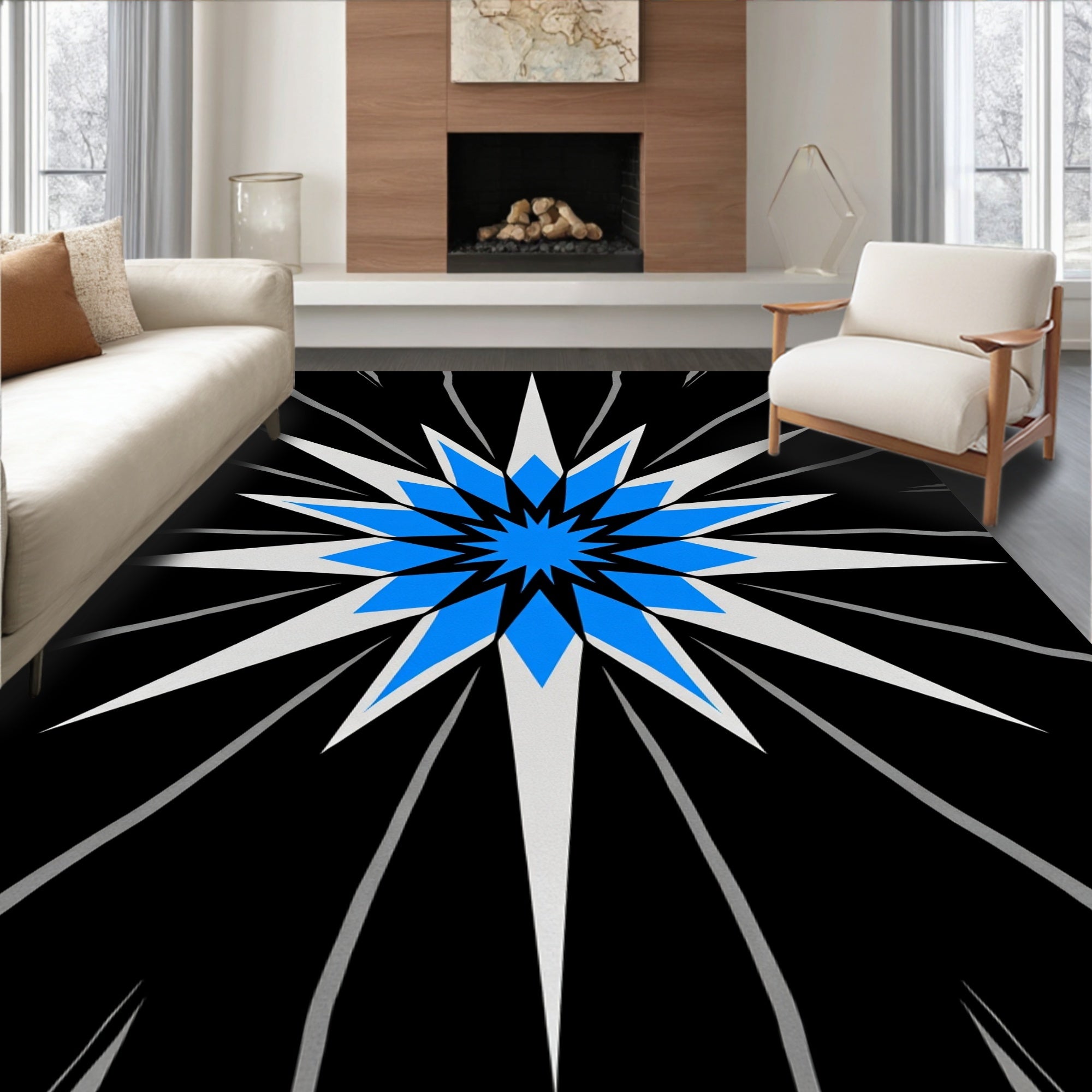 Dynamic Blue White Starburst Design Rug