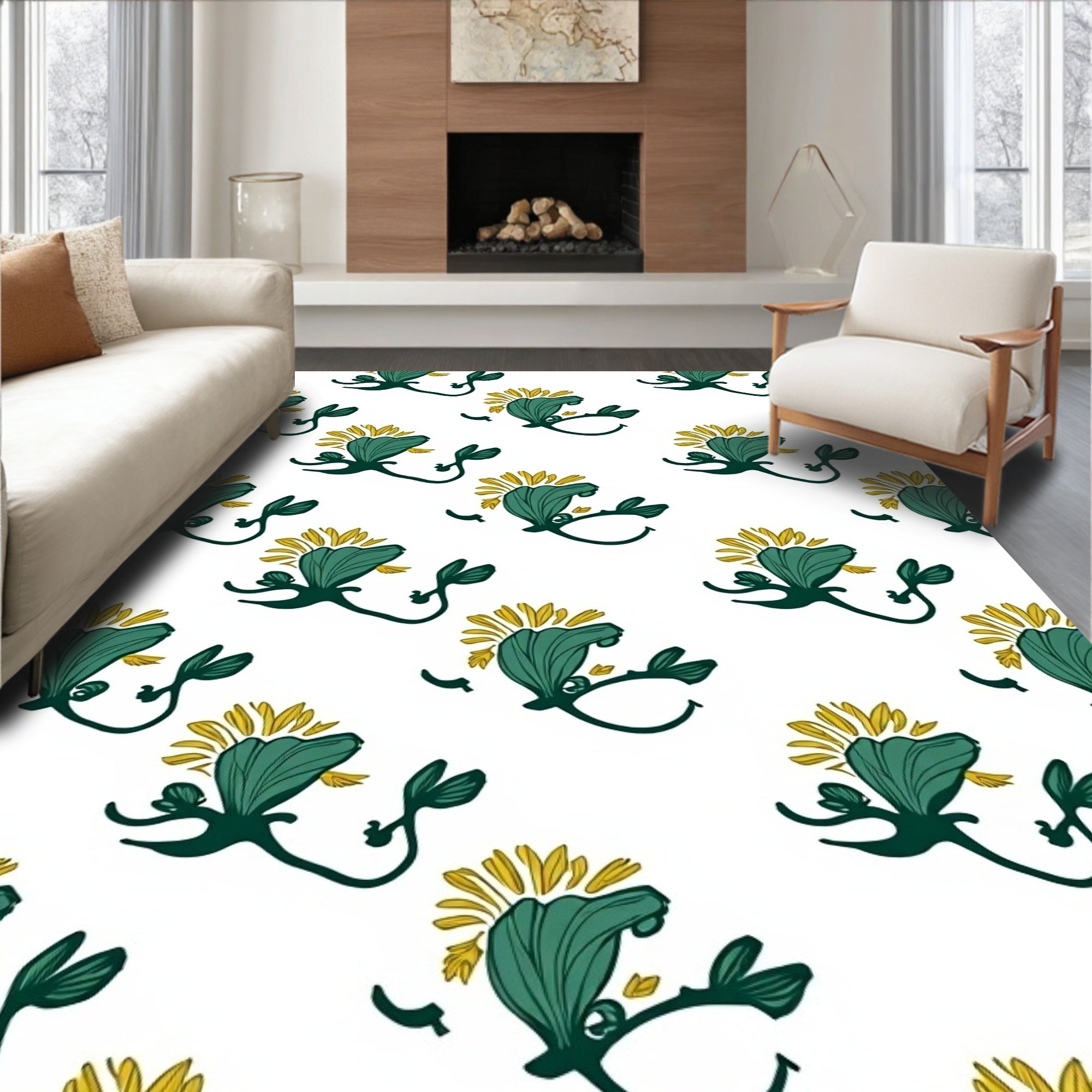 Whimsical Teal Yellow Botanical Rug