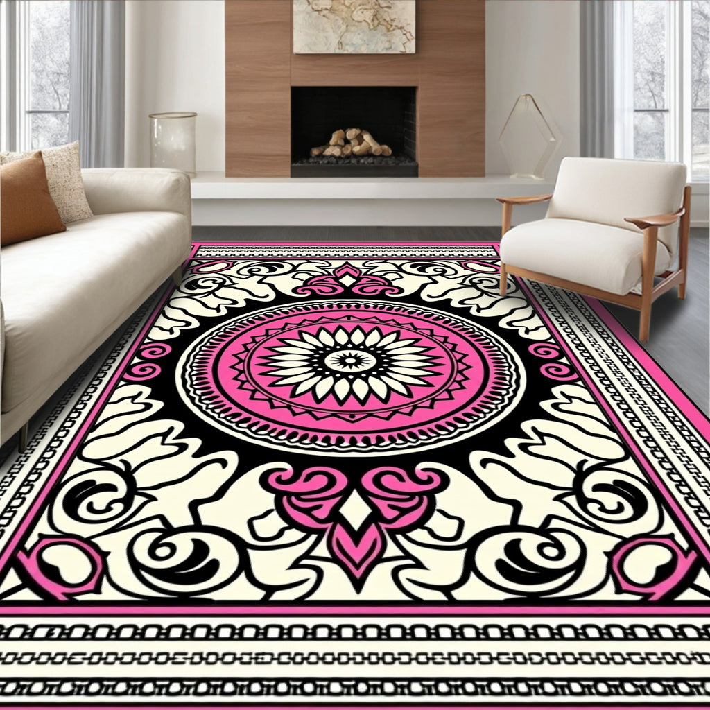 Pink Ivory Black Floral Mandala Pattern Rug