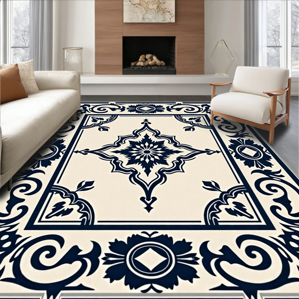 Classic Navy Floral Medallion Patterned Rug