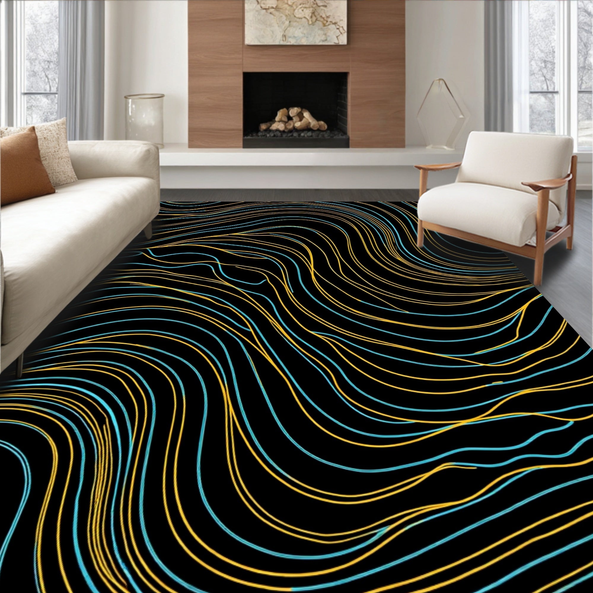 Abstract Yellow Blue Wavy Lines Rug