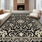 Black Cream Ornate Floral Pattern Rug