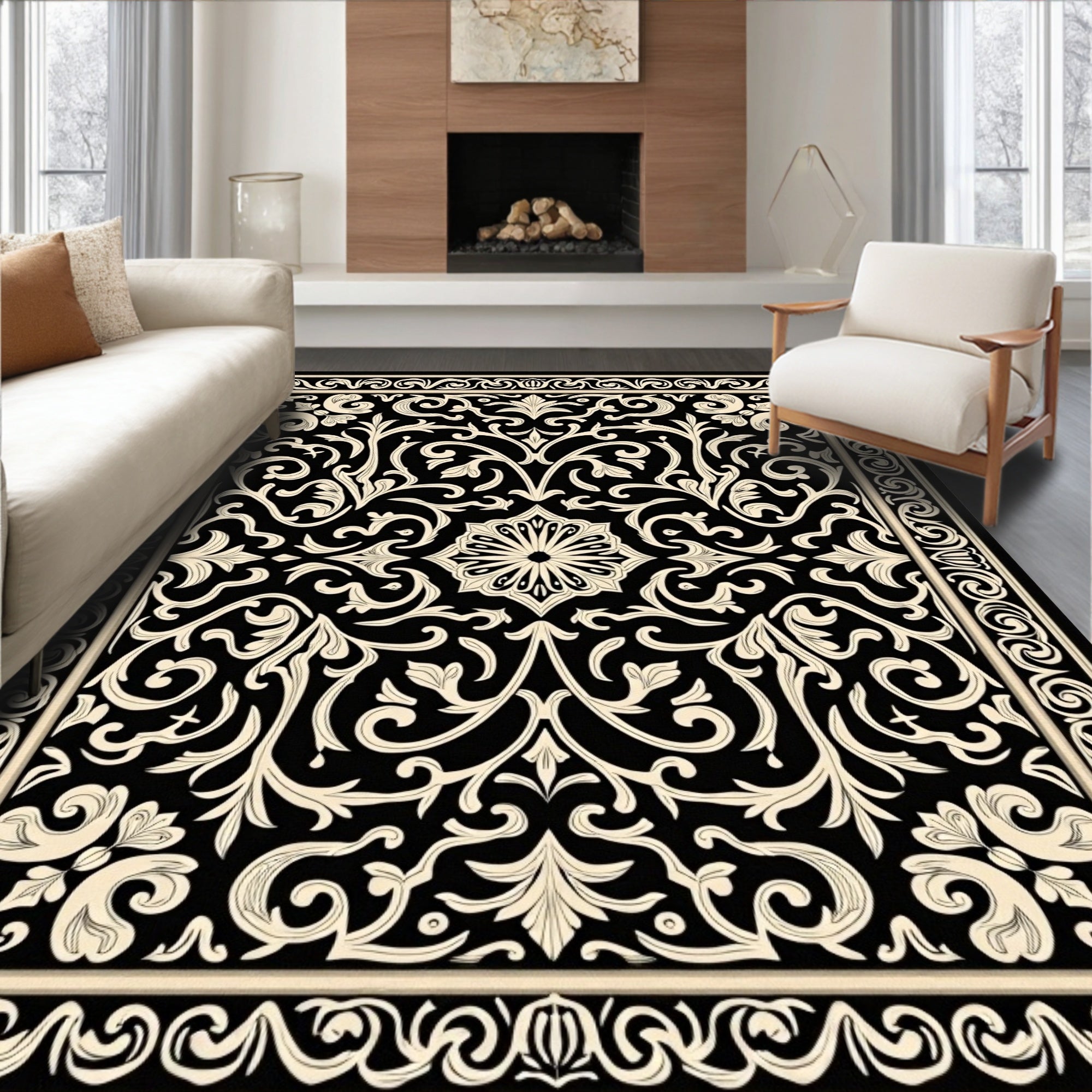 Black Cream Ornate Floral Pattern Rug