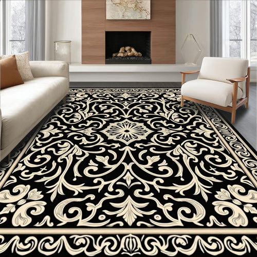 Black Cream Ornate Floral Pattern Rug