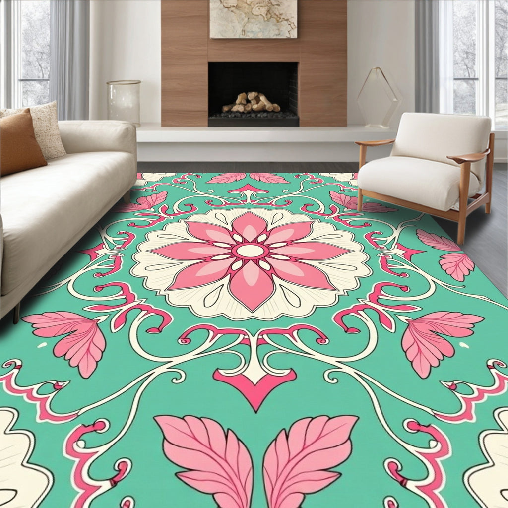 Ornate Pink Floral Vine Design Rug