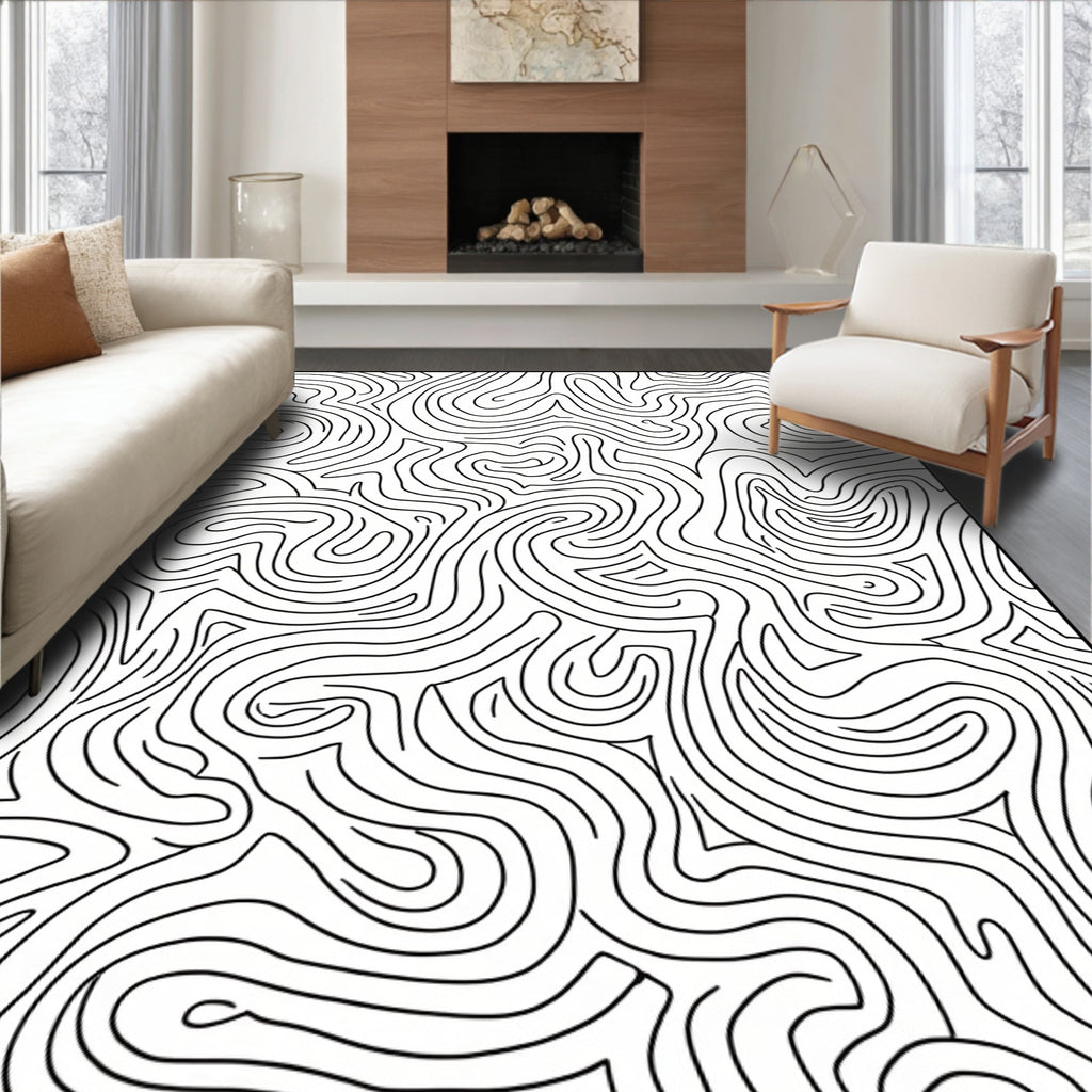 Abstract Swirls Black Line Art Rug
