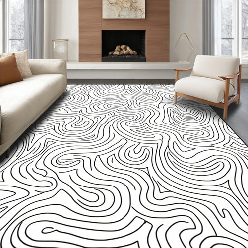 Abstract Swirls Black Line Art Rug