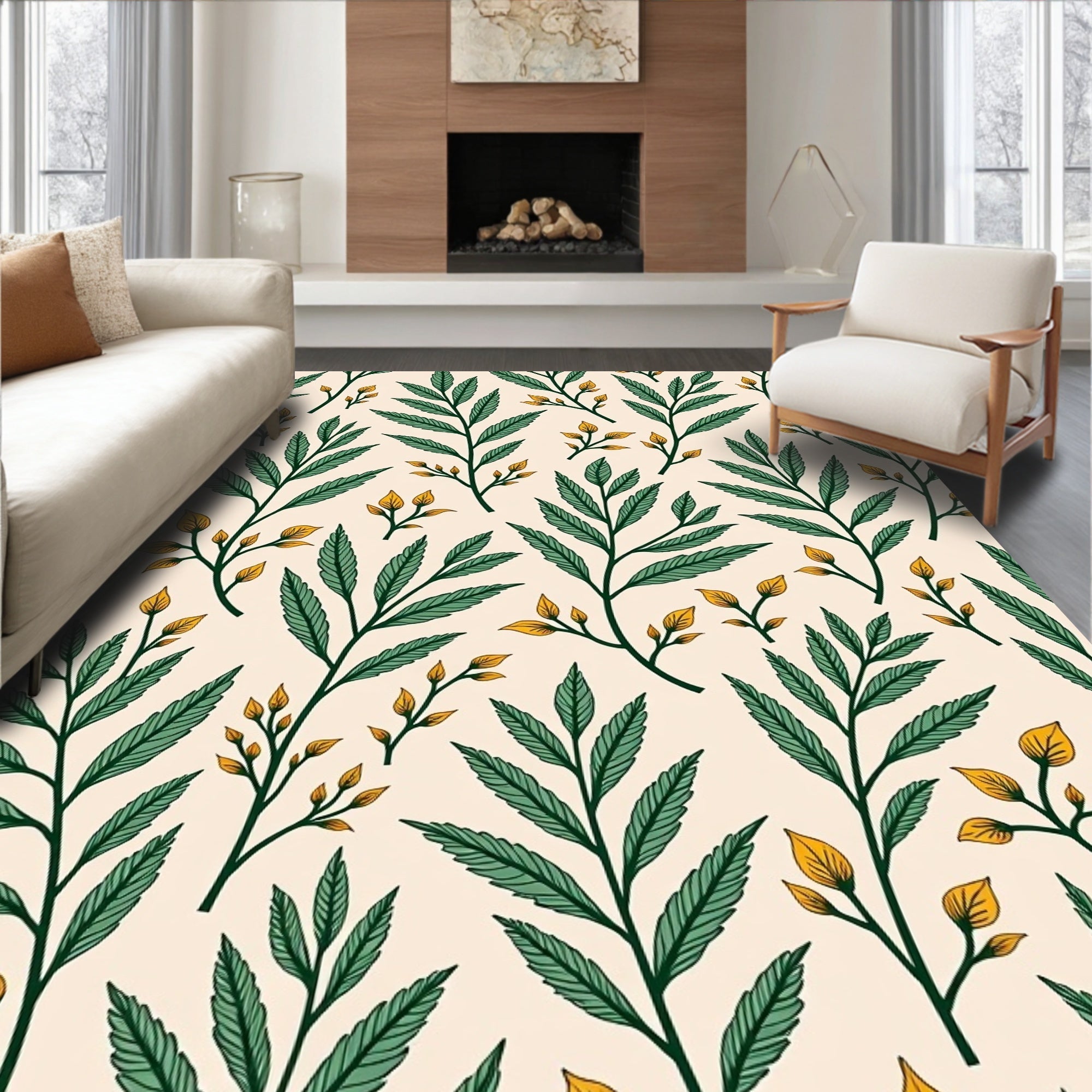 Green and Gold Leaf Pattern Rug
