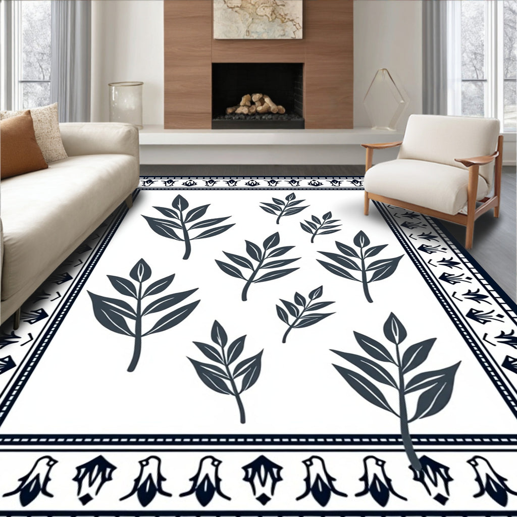Dark Leaf Branch Patterned Statement Rug