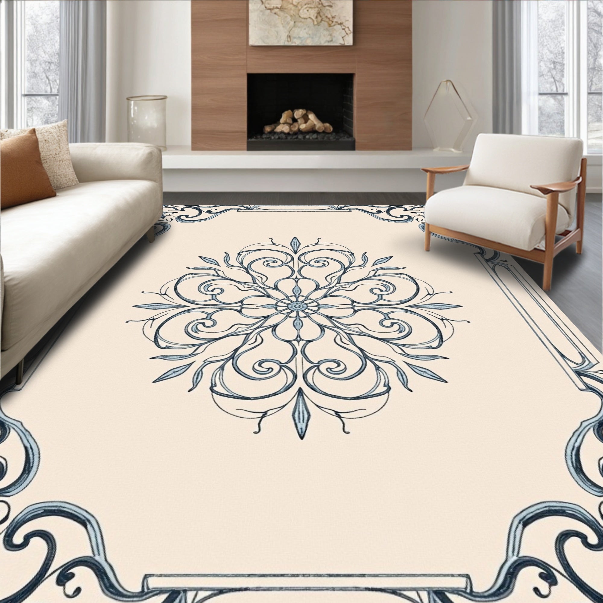Art Nouveau Floral Mandala Scroll Pattern Rug