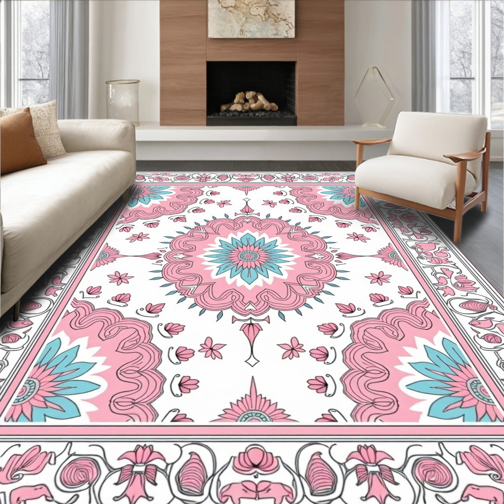 Pink Teal Floral Medallion Classic Rug