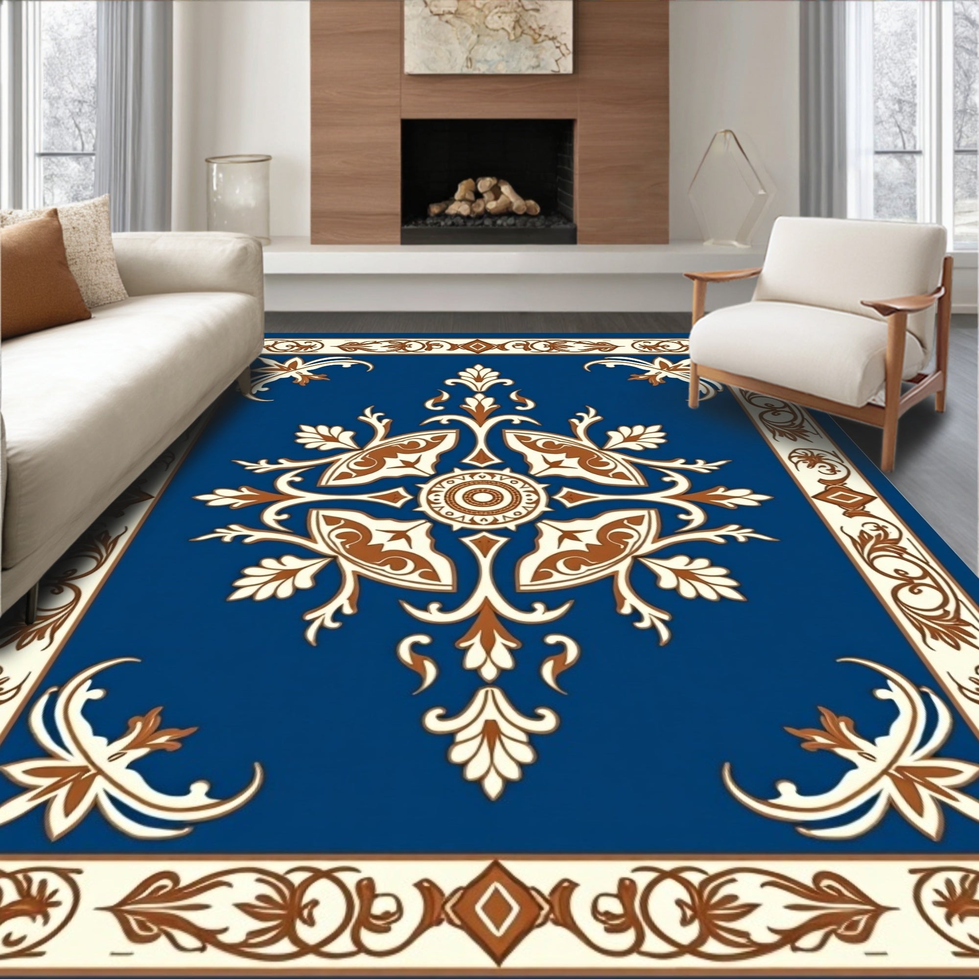 Ornate Blue Colonial Floral Decorative Rug