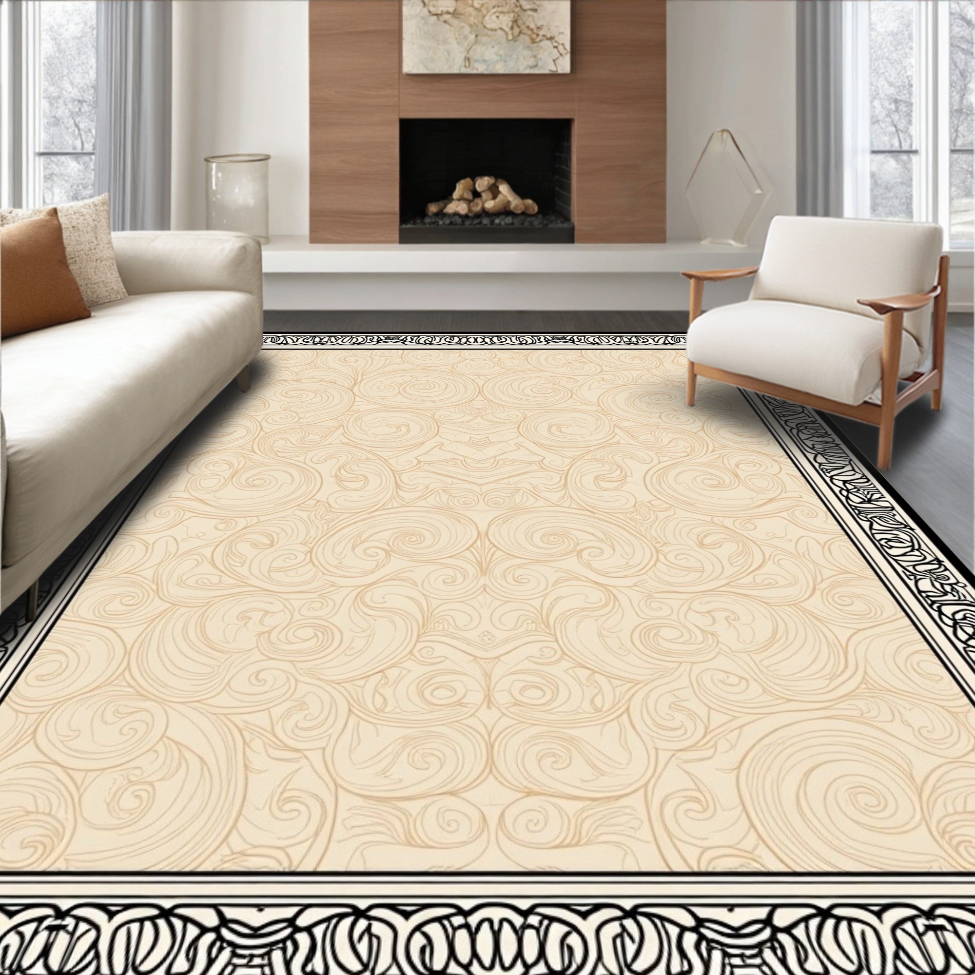 Classic Black Beige Swirl Border Design Rug