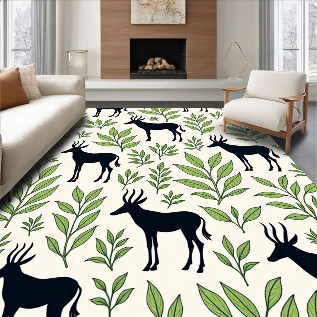 African Antelope and Leaf Pattern Rug