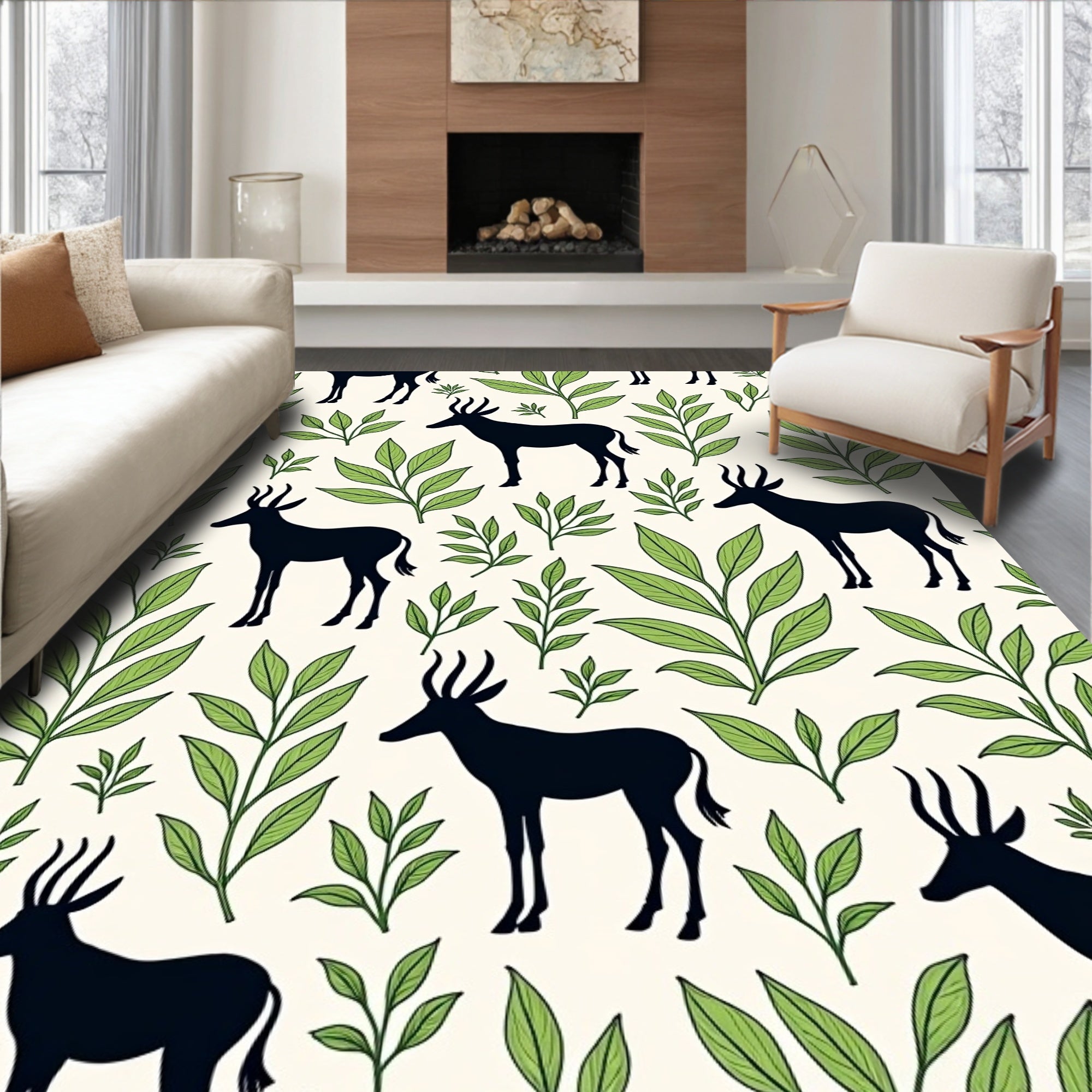 African Antelope and Leaf Pattern Rug
