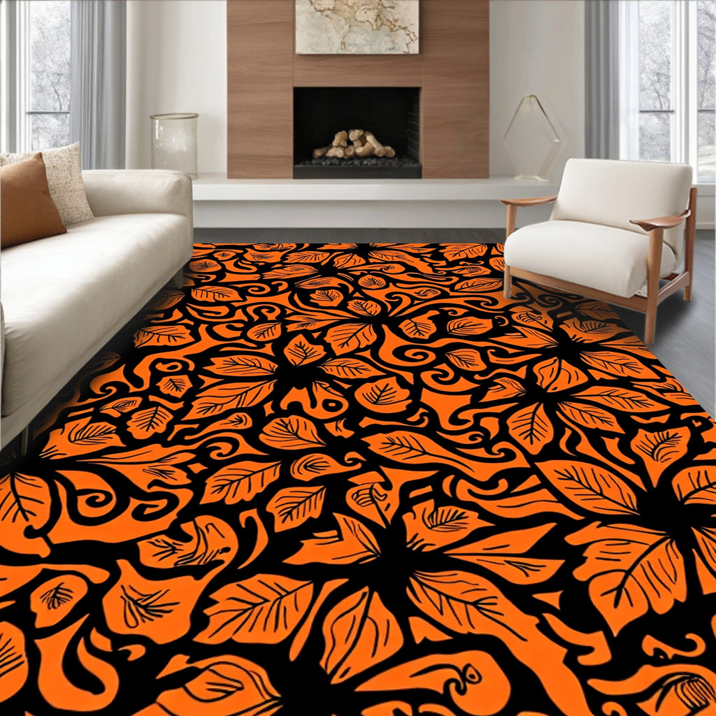 Intricate Orange Floral Swirl Pattern Rug